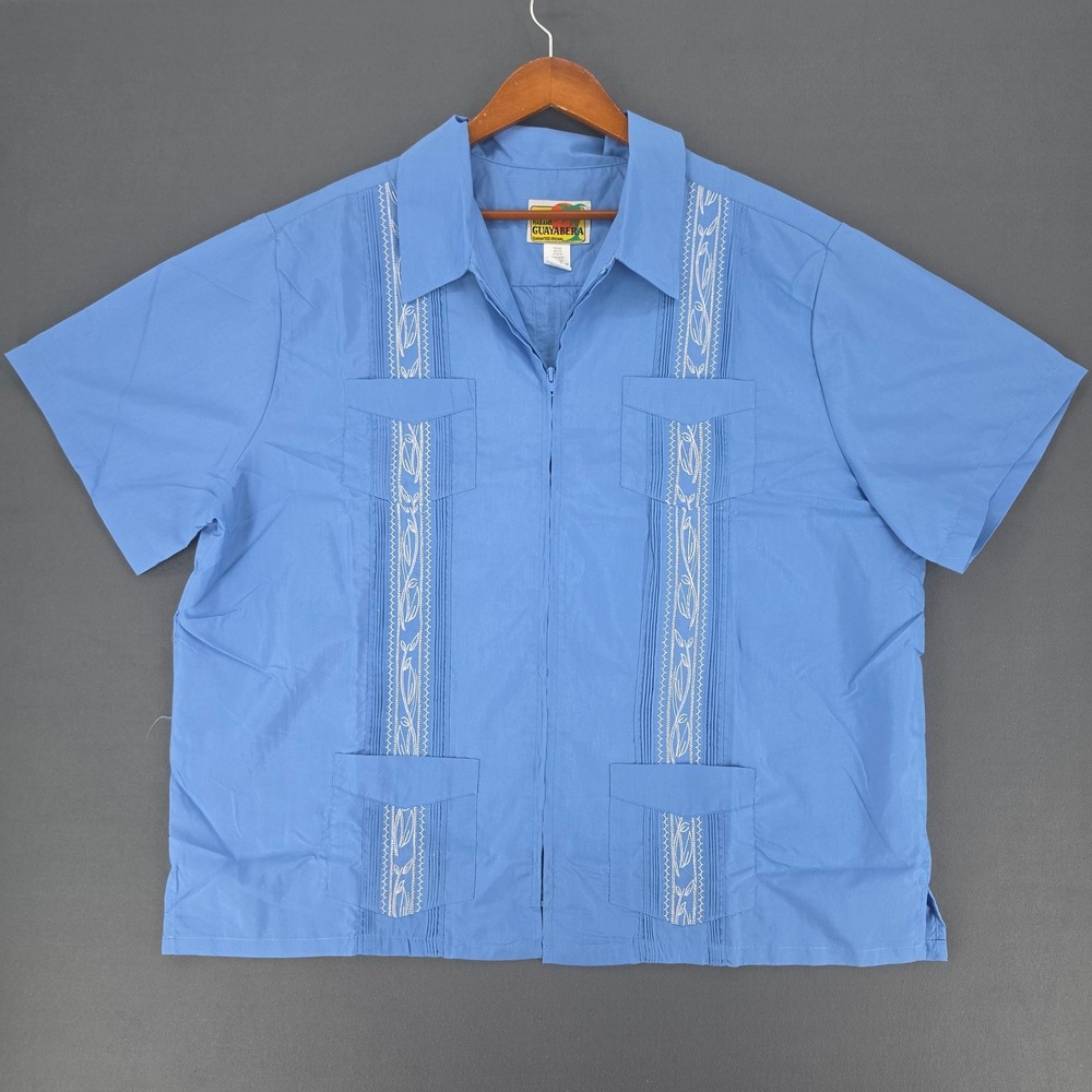 Haband Mens Guayabera Shirt Blue Short Sleeve Zip Front Embroidered XX Style 190